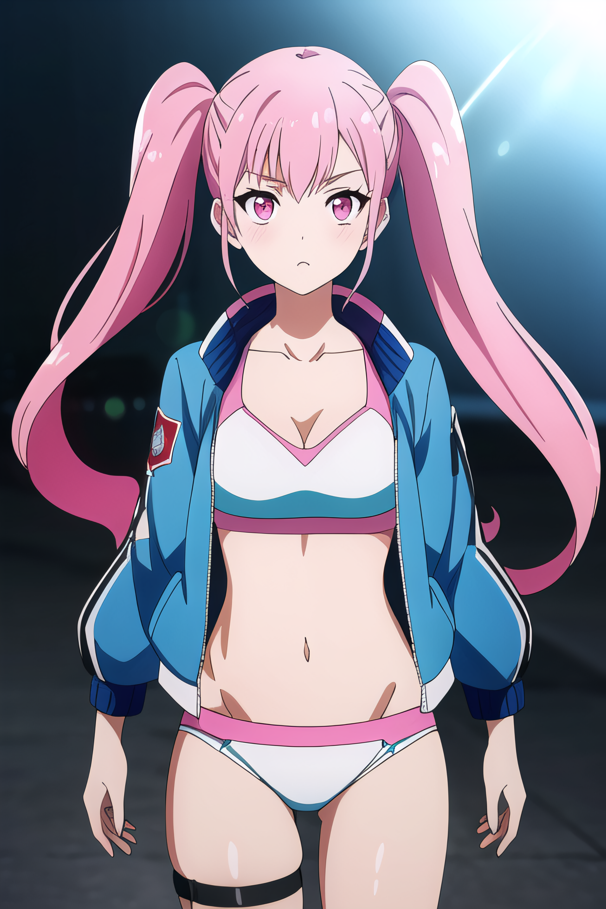 <lora:ellie:0.75>,(ellie:1.2), pink hair, pink eyes, long hair, twintails, bangs,  (blue jacket:1.2), open jacket, thigh strap,cowboy shot,, (((masterpiece, best quality, ultra-detailed, ray tracing))), deph of field, (perfect face, detailed face),shiny eyes, fair skin,((high quality face, soft skin )), (collarbone, cinematic light, cinematic shadow),