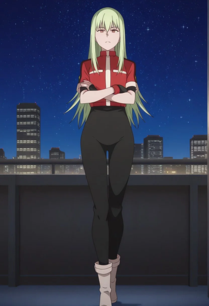 masterpiece,perfect quality,best quality,absolutely eye-catching,absurdres,highres,newest,anime coloring, anime screencap,(1girl,solo), Amber_Adult, Adult, green hair, brown eyes, long hair, black pants, red jacket, uniform, fingerless gloves, boots, looking at viewer, arms crossed, standing, city, tokyo, night, skyline, stars, sky, night sky, starry sky