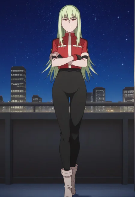 masterpiece,perfect quality,best quality,absolutely eye-catching,absurdres,highres,newest,anime coloring, anime screencap,(1girl,solo), Amber_Adult, Adult,  green hair, brown eyes, long hair, black pants, red jacket, uniform, fingerless gloves, boots, looking at viewer, arms crossed, standing, city, tokyo, night, skyline, stars, sky, night sky, starry sky