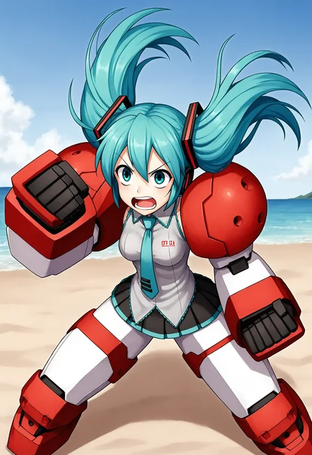 <lora:Hyper-SDXL-8steps-lora:1> <lora:Fixhands_anime_bdsqlsz_V1:1> zPDXL2, score_9, score_8_up, score_7_up, source_anime, intricate details, perfect anatomy BREAK
outdoors, beach, expressionless, 1girl, solo, fighting stance, angry, screaming, punching, 
<lora:GAGE-titus_XL(pony)v10:1> GAGE-titus, mecha musume, red shoulder armor, mechanical arms, mechanical legs, (faceless female:-1), 
hatsune miku, (vocaloid:0.8), aqua hair, aqua eyes,