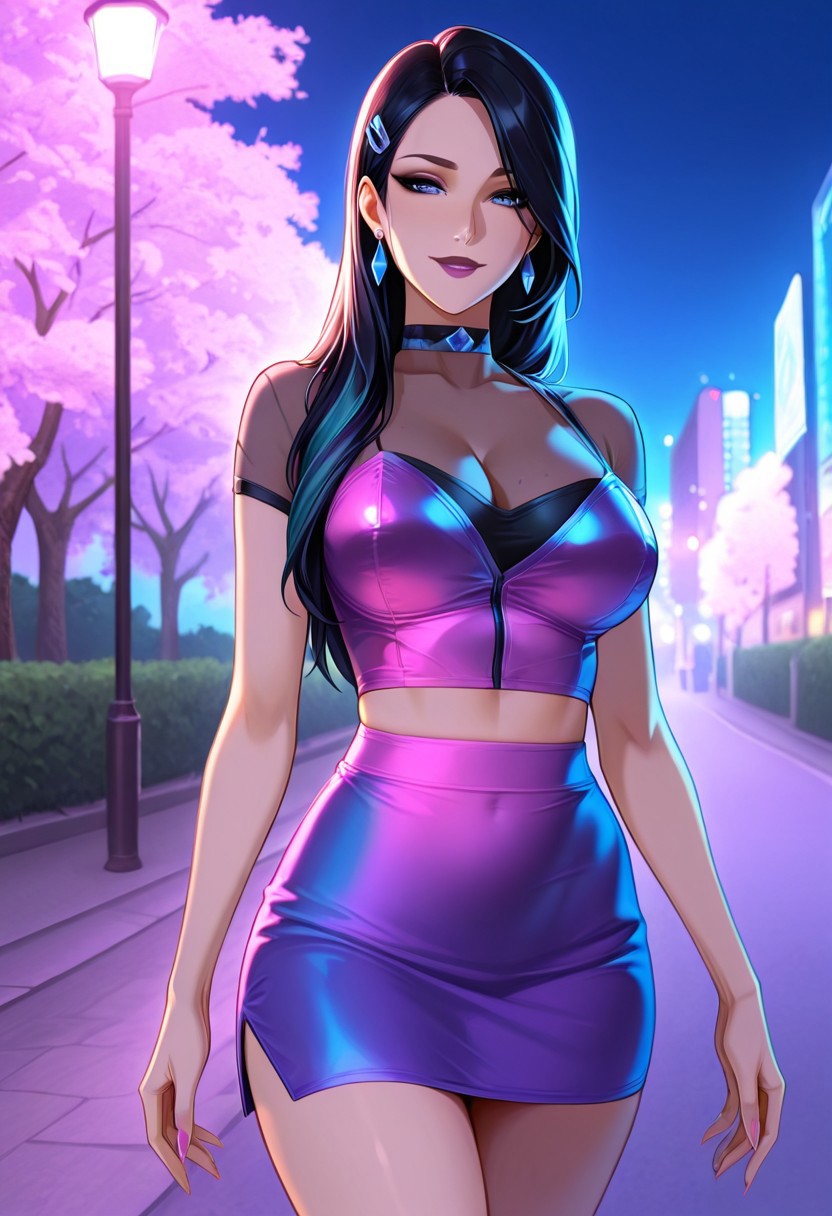 score_9,score_8_up,score_7_up,extremely detailed, sharp focus, HD, cinematic light, 1girl, solo, Mature Women, goddess, elite, rich bitch, seductive, hourglass body, fit body, slim, perfect body, thick but slim,
allout, kasa, short hair, multicolored hair, long hair, hair ornament, earrings, collar,
2p13cE_CFH outfit, crop top, short skirt, low waist skirt, purple outfit, pink outfit, gradient outfit,
outside, park, night, walk, streetlights,
happy, relaxed, date,
masterpiece, high score, great score, absurdres, mamaxholic