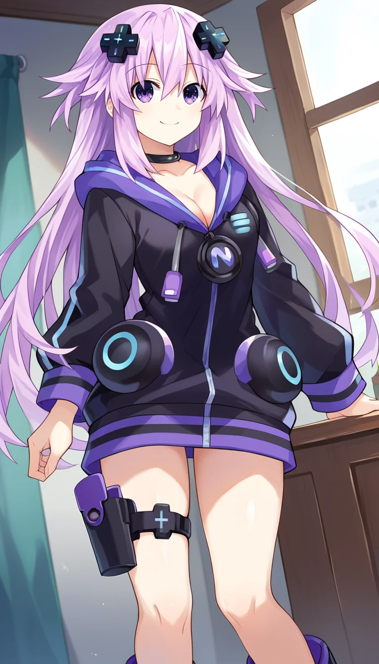 score_9, score_8_up, score_7_up, source_anime, 1girl, solo, purple hair, purple hair, long hair, smile, closed mouth, d-pad, d-pad hair ornament, black choker, cleavage, black hoodie, hood down, long sleeves, black footwear, thigh holster, standing, looking at viewer, dutch angle, cowboy shot, indoors, <lora:AdultNeptune_Neptunia_PonyXL:0.8>, Adult Neptune \(neptunia)\
