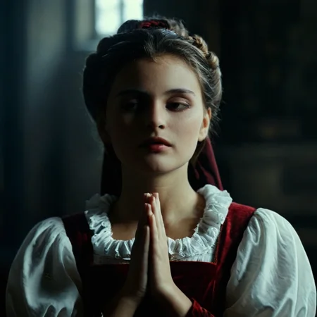 cinematic film still of <lora:add-detail-xl:0.1>1
<lora:detailed:0.3> realism
<lora:perfection style:0.2> perfect
<lora:eyetune:0.6>
<lora:xl_more_art-full_v1:0.1>
<lora:Ron Fricke style:0.3>
<lora:Unreal Engine style:0.3>
<lora:TeethXL:0.3>
<lora:Chiaroscuro Lighting Style:0.3> Chiaroscuro Lighting Style
<lora:Subspecies style:1>
Selene a woman in a dress is praying In the 19th century, in 1887, Transylvania Region in Romania, in a small medieval town In the 19th century, in 1887, Transylvania Region in Romania, in a small medieval town, vintage, classic, horror movie themed, sharp, detailed, epic photography, artistic, dramatic light, cinematic style, Kodak, film style, La legenda di Drac style, Subspecies style, 1girl, solo, dress, closed eyes, parted lips, hair bun, blurry, blurry background, own hands together, portrait, facing viewer, own hands clasped, lips, realistic, praying, photorealistic
, shallow depth of field, vignette, highly detailed, high budget, bokeh, cinemascope, moody, epic, gorgeous, film grain, grainy