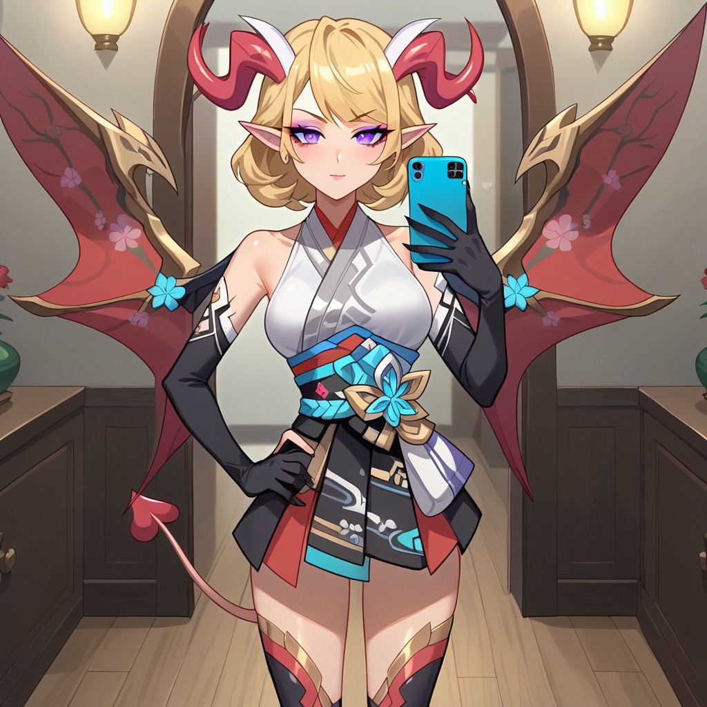 Expressiveh,1girl, mature female, verakmn, purple eyes, eyeshadow, blonde hair, short hair, demon horns, pointy ears, bare shoulders, wings, tail, japanese clothes, kimono, obi, detached sleeves, black gloves, elbow gloves, black thighhighs, sandals, mirror, room, holding phone, selfie, solo, hand on own hip, score_9, score_7_up,anime coloring ,source_anime, anime, anime screencap,