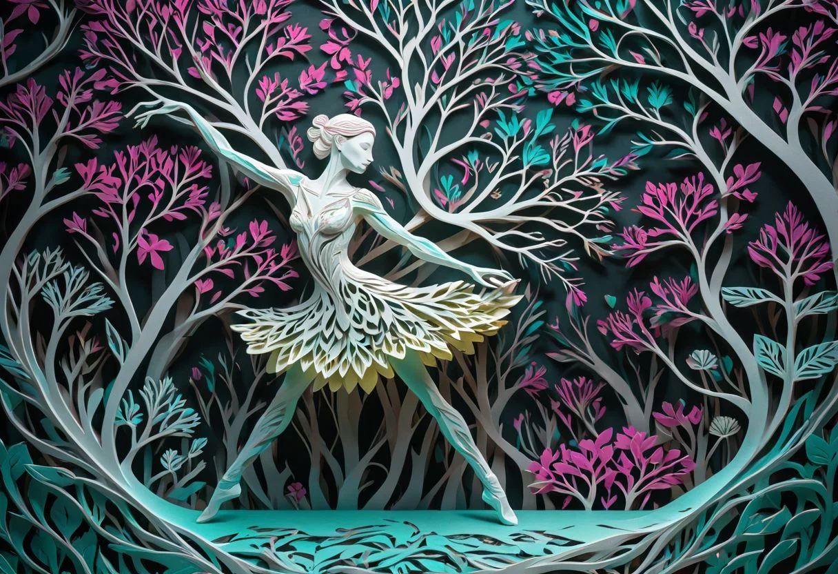artpkplnt, illustration, dancer in the dark, 4k, uhd, warlock, masterpiece, Artpprct, in the style of papercutting, relief carving, nature, lazy lime and hot pink, white, and cyan, ochre pastel, floral, minimal, modern, tree of life