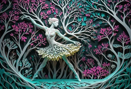artpkplnt, illustration, dancer in the dark, 4k, uhd, warlock, masterpiece, Artpprct, in the style of papercutting, relief carving, nature, lazy lime and hot pink, white, and cyan, ochre pastel, floral, minimal, modern, tree of life