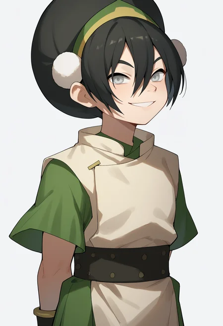 score_9, score_8_up, score_7_up, score_6_up, score_5_up, score_4_up, BREAK, source_anime,
1girl, toph, bangs, black hair, blind, grey eyes, hair between eyes, hair bun, hairband, short hair, short sleeves, tunic, chinese clothes,
hands behind back, smile, upper body, looking at viewer, solo, simple background, white background   <lora:TophXL:1>