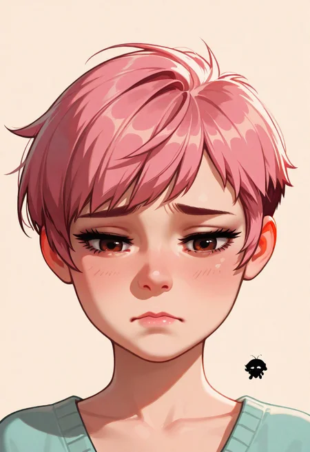 chibi, high contrast, masterpiece, best quality, amazing quality, very aesthetic, retro artstyle, realistic, promotional art, newest, volumetric lighting.
(artist:incase:0.5), (artist:tsuaii:0.5), color theory,
1girl, face, solo, straight-on, focus on face, front view, portrait, (sad: 1.5), Pixie cut, pink hair, brown eyes, luminescent background, simple background.