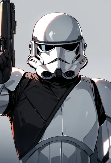 masterpiece, best quality, BREAK stormtrooper, helmet, solo, 1boy, male focus, gloves, upper body, looking at viewer, holding weapon, holding gun