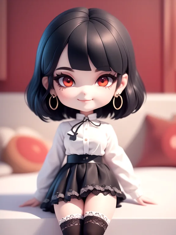 (masterpiece),(best quality),(ultra-detailed),
(full body:1.2),1girl, chibi,
black Bob haircut, red eyes, earring,
white shirt,black skirt, (lace legwear), bedroom,
(sitting on red sofa),
seductive posture, smile,
(beautiful detailed face), (beautiful detailed eyes:1.16),