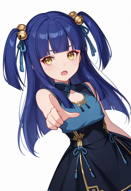 Smooth Quality,masterpiece,very intricate, high quality details, ultra realistic, high detailed skin,detailed enviorement,absurdres,
pointing at viewer,
 <lora:Ranran_CNR:0.8> ranran_cnr,1girl, blue hair, long hair, two side up, blunt bangs, yellow eyes, fangs, hair ornament, hair bell,hair ribbon, hair bobbles,makeup,, lonely,, simple background, white background, dutch angle,solo,, cheongsam top,   ,sweater vest, ,high-waist skirt,  ,