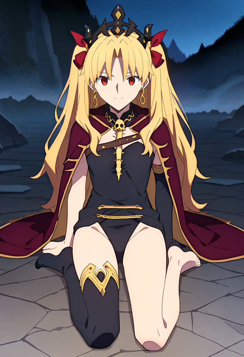 score_7_up, anime screencap,
<lora:FateGrandOrder_EreshkigalXL:0.8>, EreshkigalFGO,
1girl, solo, light smile,
blonde hair, red eyes, parted bangs, two side up, earrings, tiara, hair ribbon,
black leotard, red cape, fur trim, skull, chest belt, single sleeve, elbow gloves, gold trim, asymmetrical thighhighs,
sitting, looking at viewer,
blue theme, cave, fog, dark, night, stone, cracked floor