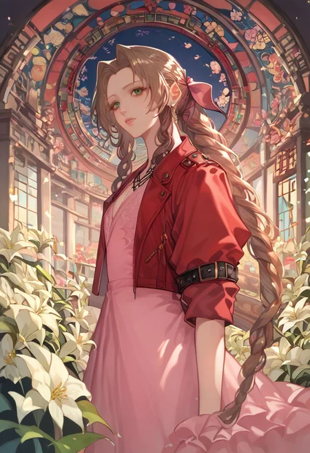 (score_10, score_9_up, score_8_up, score_7_up,) 1girl, aerith gainsborough, brown hair, braid, long hair, green eyes, hair ribbon, pink dress, red jacket, cropped jacket, best quality, high quality, masterpiece, highres, cathedral interior, flower, white lilies, stained glass, asymmetric, extremely detailed CG, extremely detailed 8K wallpaper, extremely detailed character, solo, sharp focus, (dramatic angle:1.2), cinematic lighting, extremely delicate and beautiful, absurdres, incredibly_absurdres, bloom, glow, bokeh, jewelry, ornaments, Painstaking Attention To Details ,s0m