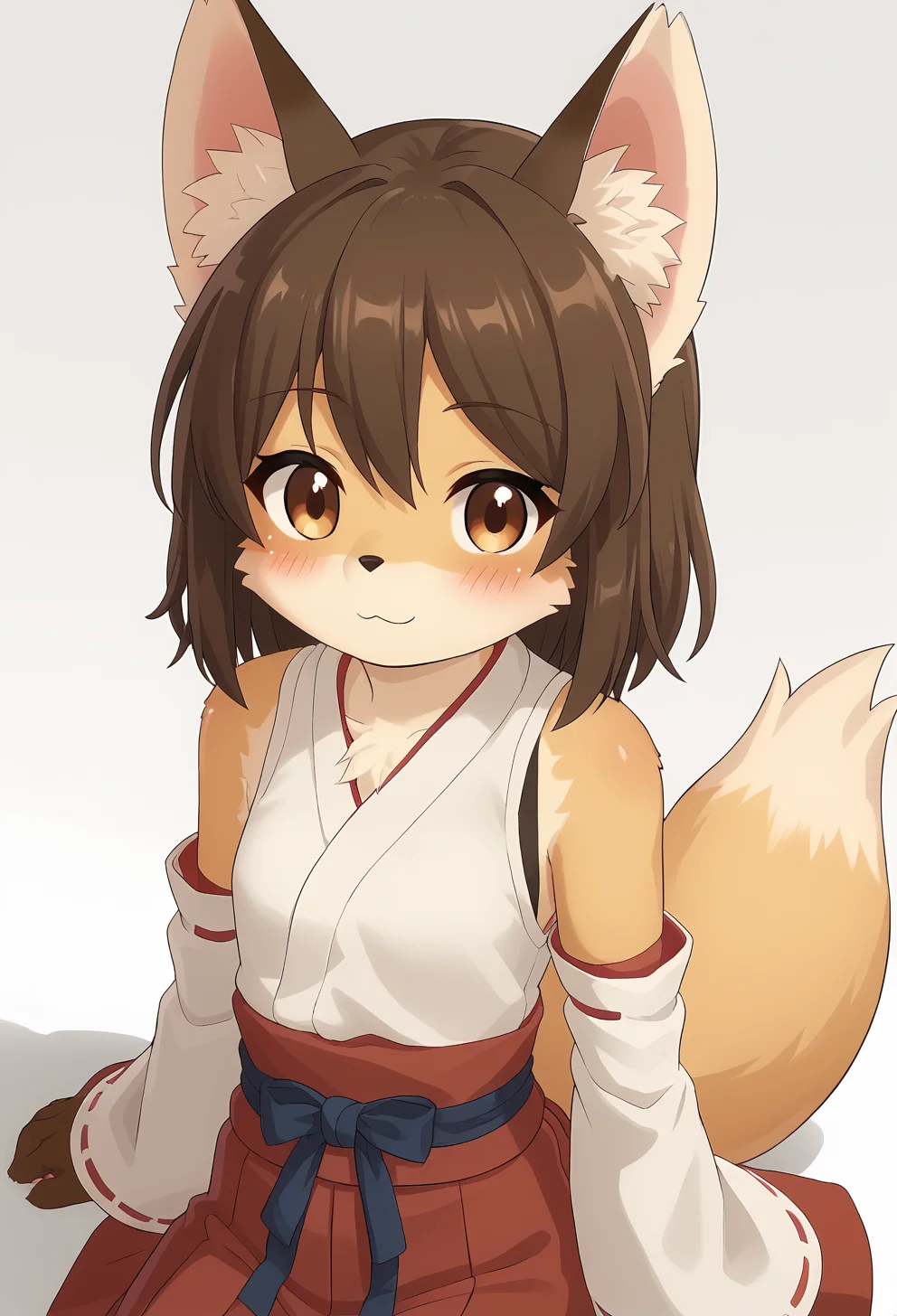 score_9, score_8_up, score_7_up, source_furry, kmc, <lora:FoxGirl_pony_v1:1>, anime screencap, furry female, furry, animal ears, tail, tareme, brown eyes, looking at viewer, blush, fox ears, brown hair, medium hair, (smile:0.7), closed mouth, miko, detached sleeves, white sleeves, japanese clothes, red hakama, fox tail, upper body, from above, simple background, white background, <lora:p:0.3> <lora:Anime_Screencap:0.7>
