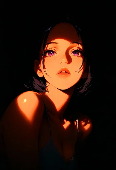1girl,Shinobu Kochō, lips, thin lips, parted lips, solo, looking at viewer, camisole, upper body, dark, underlightling, masterpiece, best quality, very aesthetic