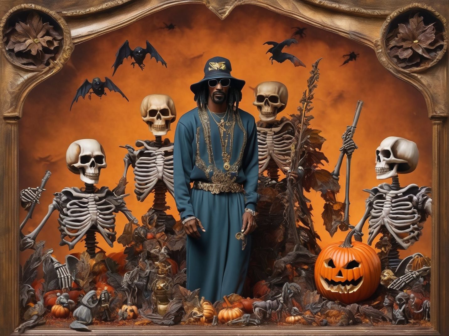 Snoop Dogg and his skeleton friends Pumpkinhead <lora:SDXL-Pumpkinhead-Lora:1>, Very detailed, clean, high quality, sharp image