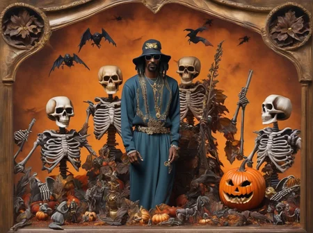 Snoop Dogg and his skeleton friends Pumpkinhead <lora:SDXL-Pumpkinhead-Lora:1>, Very detailed, clean, high quality, sharp image
