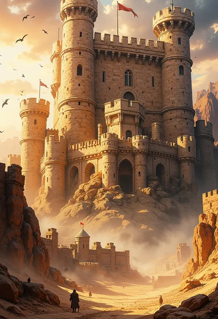 a colossal crusader medieval castle of sand-coloured stones, with buttresses and crenelations, rising out of the dawn mist on a dusty desert environment, directional lighting, stormy sky
