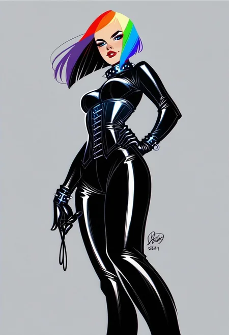 score_9, score_8_up, score_7_up, dutch_angle, from_below, footwear_focus, simple_background.
BREAK
A beautiful petite woman in her 20s with a rainbow hair in black leather bodysuit, long sleeves, cowboy shot, head turned, looking at viewer, hair flowing, head tilted, black rubber gloves, corset, HW_Corset, collar, tight black latex pants, belts, slim body, posing in a rainy street