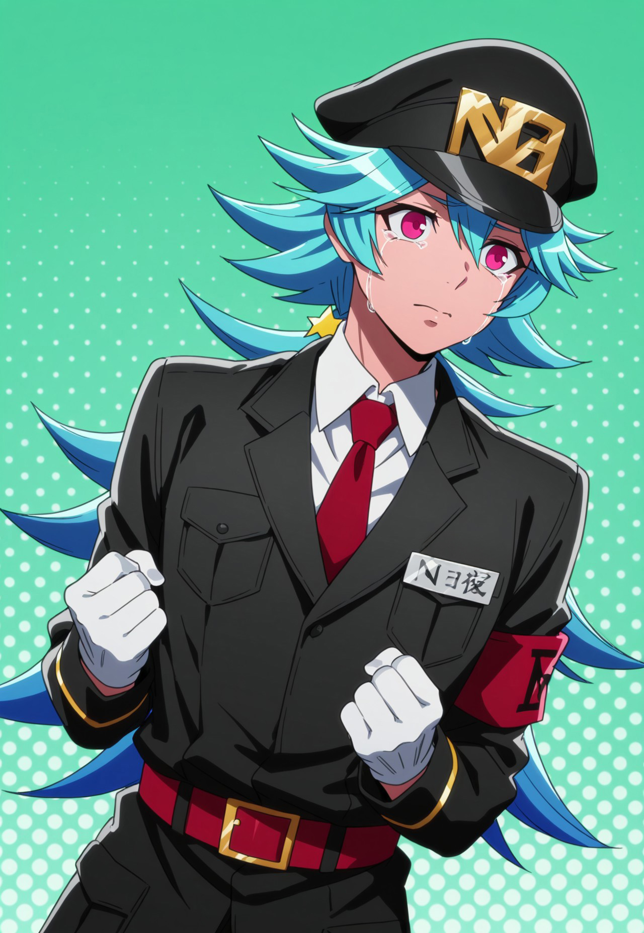 masterpiece, best quality, amazing quality, very aesthetic, absurdres, dynamic angle, ultra-detailed, highly detailed, cinematic lighting, realistic shading, BREAK
sparkling aura, crying, upper body, clenched hands, hands up, halftone background, green background, BREAK
NBSeitarou, 1boy, blue hair, long hair, spiked hair, flipped hair, low ponytail, star hair ornament, pink eyes, 
black peaked cap, name tag, kanji, black military jacket, white collared shirt, red necktie, layered clothes, white gloves, red belt, red armband, number,