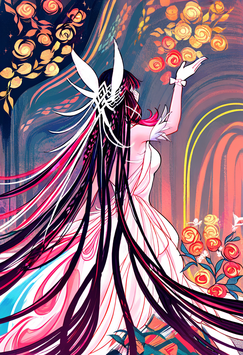 columbina \(genshin impact\), 1girl, long hair, dress, very long hair, solo, white dress, hair ornament, black hair, absurdly long hair, bare shoulders, colorful, gloves, wings, flower <lora:cqtlatteXL_NBVP1_lokr_V6311P:0.95>