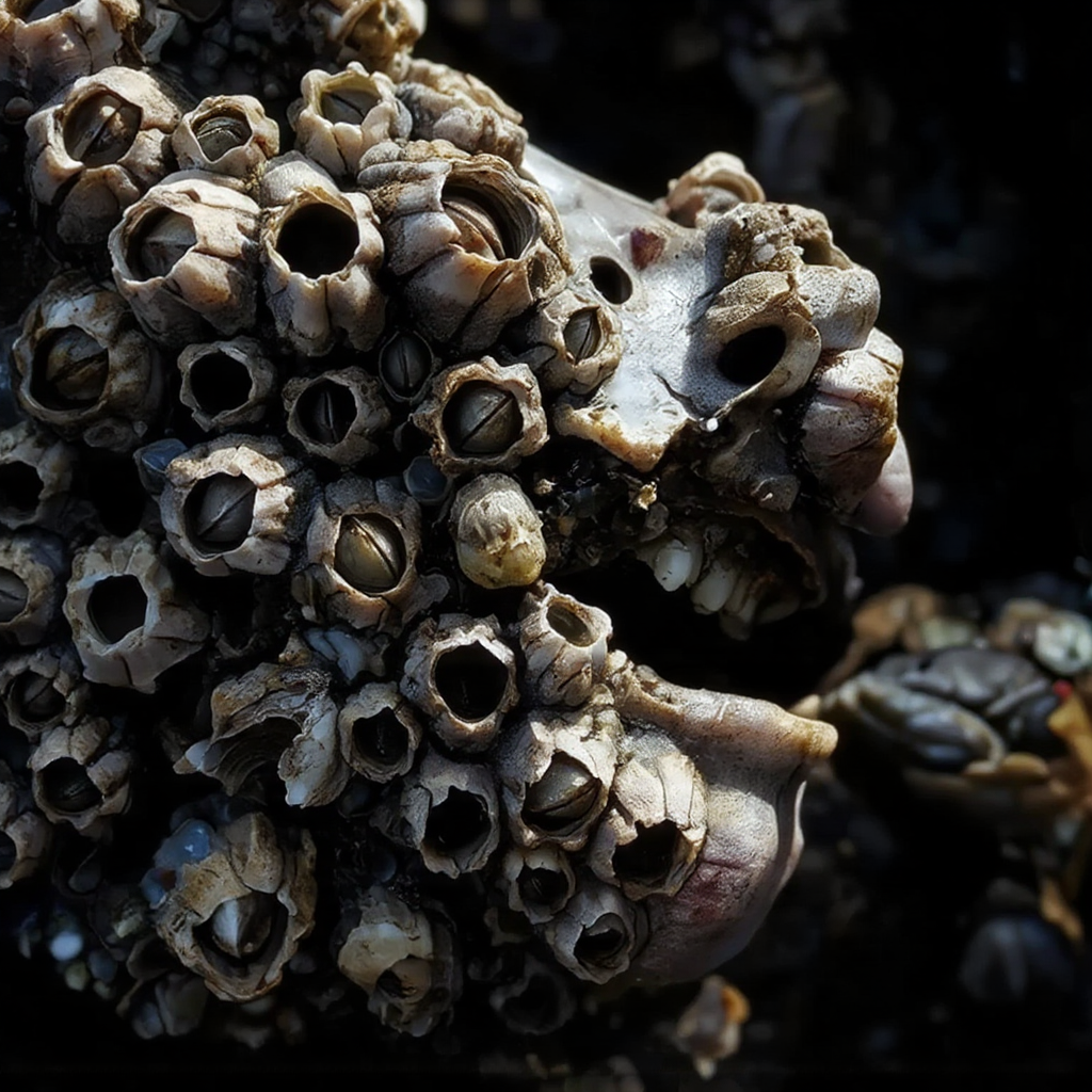 Cinematic macro photograph, an extreme close-up revealing a woman's face as it is horrifically overwhelmed and suffocated by dense, dry barnacle encrustations. The scene is lit by clear, bright, slightly overcast daylight, casting soft, subtle shadows that define the contours of her features beneath the parasitic growth, allowing the varied matte textures of the barnacles to be the primary focus. Her facial skin is entirely consumed by a chitinous, calcified mass of closely packed, conical barnacle shells. These shells, utterly dry and matte, exhibit a disturbing range of desaturated, dusty colors: some are chalky greyish-white, others show faint pinkish or purplish striations around their edges, while larger, more established ones fused to her cheekbones or forehead are stained with dull ochre, pale lime green, or hints of tarnished blue, emphasizing their fossilized, invasive nature. The fused clusters form an irregular, abrasive topography over her nose, lips, and eyelids, with individual apertures appearing as dark, empty voids within the dry, variously hued stony structures, where her eyes or mouth should be. The shallow depth of field achieves razor-sharp focus on a specific section of the dense barnacle field on her face, rendering the minute, dry details of each calcified, subtly colored shell and their interlocking, suffocating formation with immaculate clarity and hyper-detail. Though lit by daylight, the sheer unrelenting overgrowth violating human features creates a profound Cronenberg-esque sense of biological invasion and psychological dread, feeling visceral and disturbing in its chitinous, desiccated, yet subtly colored horror. Muted, slightly varied colour palette reflecting the barnacles. Modern, high-resolution digital photograph.
