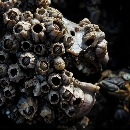 Cinematic macro photograph, an extreme close-up revealing a woman's face as it is horrifically overwhelmed and suffocated by dense, dry barnacle encrustations. The scene is lit by clear, bright, slightly overcast daylight, casting soft, subtle shadows that define the contours of her features beneath the parasitic growth, allowing the varied matte textures of the barnacles to be the primary focus. Her facial skin is entirely consumed by a chitinous, calcified mass of closely packed, conical barnacle shells. These shells, utterly dry and matte, exhibit a disturbing range of desaturated, dusty colors: some are chalky greyish-white, others show faint pinkish or purplish striations around their edges, while larger, more established ones fused to her cheekbones or forehead are stained with dull ochre, pale lime green, or hints of tarnished blue, emphasizing their fossilized, invasive nature. The fused clusters form an irregular, abrasive topography over her nose, lips, and eyelids, with individual apertures appearing as dark, empty voids within the dry, variously hued stony structures, where her eyes or mouth should be. The shallow depth of field achieves razor-sharp focus on a specific section of the dense barnacle field on her face, rendering the minute, dry details of each calcified, subtly colored shell and their interlocking, suffocating formation with immaculate clarity and hyper-detail. Though lit by daylight, the sheer unrelenting overgrowth violating human features creates a profound Cronenberg-esque sense of biological invasion and psychological dread, feeling visceral and disturbing in its chitinous, desiccated, yet subtly colored horror. Muted, slightly varied colour palette reflecting the barnacles. Modern, high-resolution digital photograph.