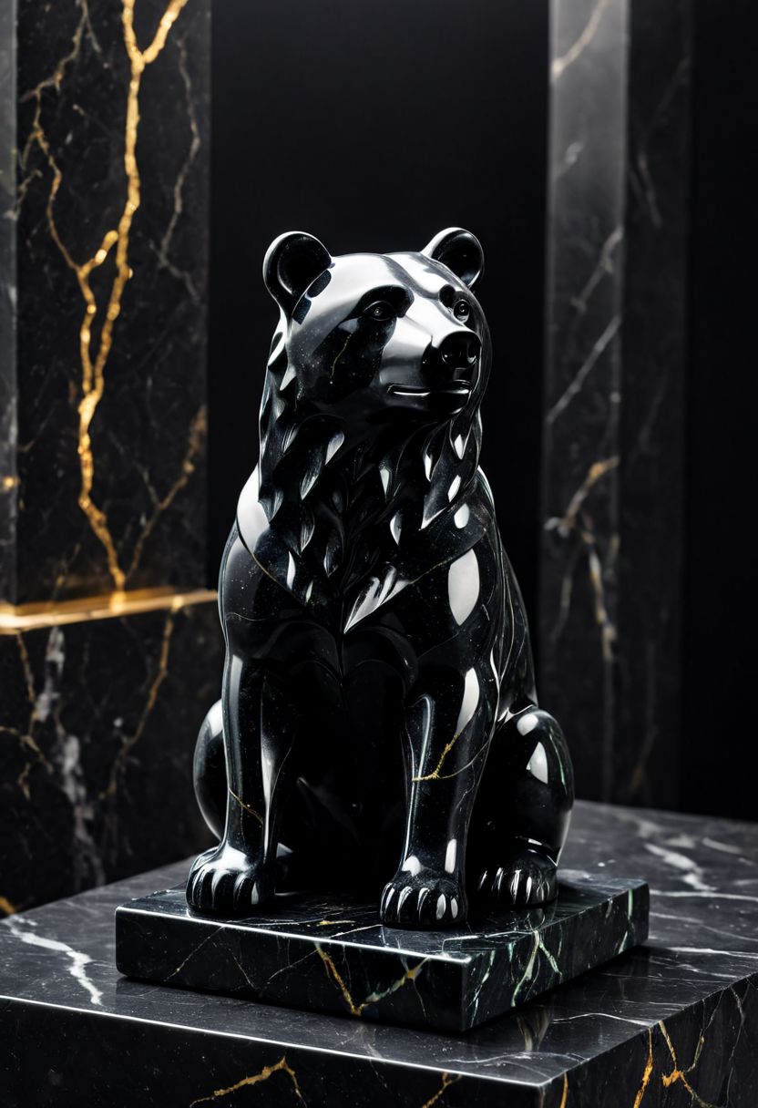 Fujifilm XT3, Sony A7 IV, (award winning photography) a (black: 0.79) marble simple (stylized: 1.49) (bear) statue made of opal (Kintsugi: 0.89) set on a pedestal in temple, glistening. in the background beautiful pillars, divine (iridescent: 0.79), opalescent textures, volumetric light, ethereal, sparkling, studio photo, highly detailed, sharp focus (highest quality: 1.39) (highest coherency: 1.39) (award winning photography), highly detailed photography, (muted colors, cinematic, dim colors, soothing tones:1.2), vibrant, insanely detailed, hyperdetailed, (dark shot:1.2), (vsco:0.3), (intricate details:0.9), (hdr, hyperdetailed:1.2) (vignette), sss, raw photo, fijifilm, kodak, cinematic film grain, mesopotamian, babylonian