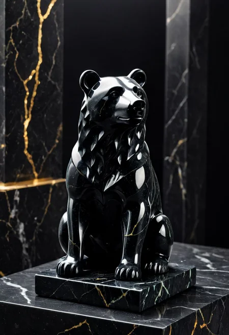 Fujifilm XT3, Sony A7 IV, (award winning photography) a (black: 0.79) marble simple (stylized: 1.49) (bear) statue made of opal (Kintsugi: 0.89) set on a pedestal in temple, glistening. in the background beautiful pillars, divine (iridescent: 0.79), opalescent textures, volumetric light, ethereal, sparkling, studio photo, highly detailed, sharp focus (highest quality: 1.39) (highest coherency: 1.39) (award winning photography), highly detailed photography, (muted colors, cinematic, dim colors, soothing tones:1.2), vibrant, insanely detailed, hyperdetailed, (dark shot:1.2), (vsco:0.3), (intricate details:0.9), (hdr, hyperdetailed:1.2) (vignette), sss, raw photo, fijifilm, kodak, cinematic film grain, mesopotamian, babylonian