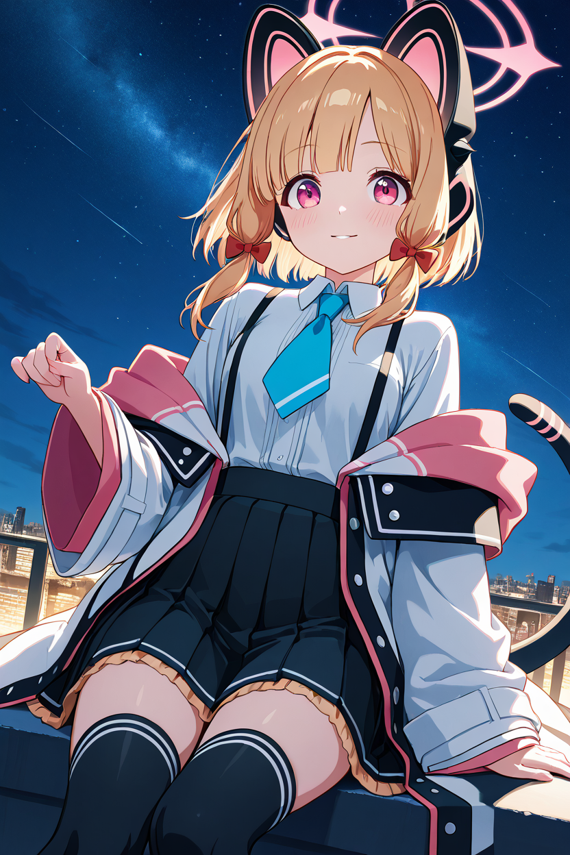 masterpiece, best quality, 1girl, solo, 21 year old model, eyelashes, (beautiful eyes),     ,,, zzMomoi, blonde hair, animal ears, fake animal ears, animal ear headphones, headphones, short hair, bow, halo, cat ear headphones, hair bow, red bow, pink eyes, pink halo, tail, cat tail, red eyes, collared shirt, long sleeves, pleated skirt, white shirt, black skirt, blue necktie, white jacket, wide sleeves, black thighhighs, suspender skirt ,<lora:MomoiBlueArchiveIXL:1.0>,,,,  smile, looking at viewer, stars, night, luminescent background, <lora:princess_xl_v2:0.3>,