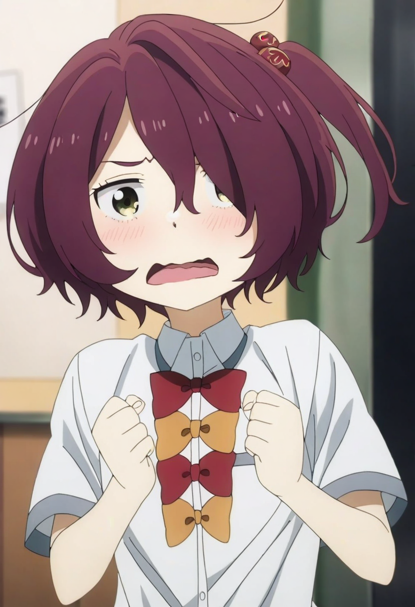<lora:è´¥ç¬å¥³ä¸»_nb11_xl:1>,komari chika, make heroine ga oo sugiru!, 1girl, open mouth, solo, bow, shirt, hair ornament, blush, red bow, white shirt, anime coloring, school uniform, bowtie, upper body, short sleeves, collared shirt, clenched hands, indoors, red bowtie, wavy mouth