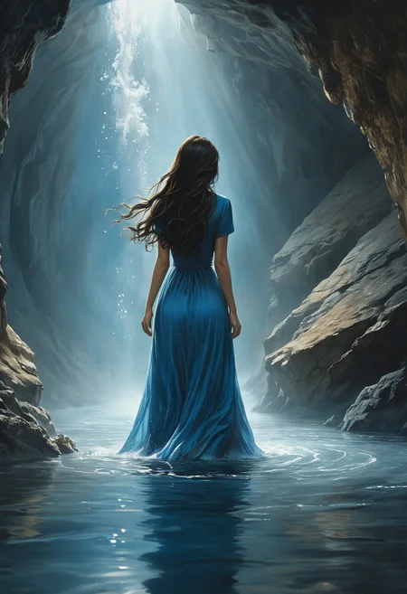 (water-colored), illustration, style of Jessica Galbreth,
(far view, far shot, rear view, facing away:1.3),
(Alice, very long dark brown hair, hair rim lighting, hair in the wind, blue dress with short sleeves, black tights, black shoes:1.5),
fog, dreamy, dream, walking, lights,
(cave, water, walking in water, half body in water:1.8)