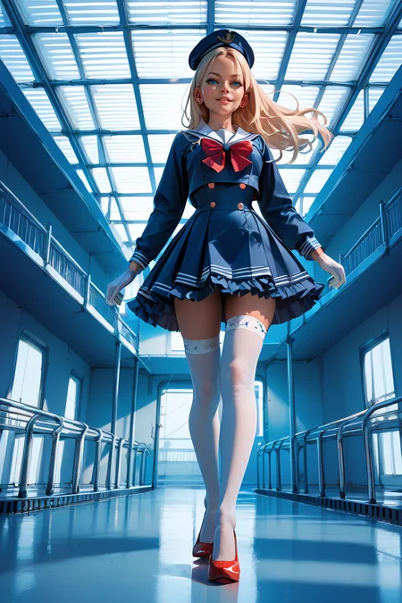 1woman, sexy, petite, skinny legs, long hair, blonde hair, <lora:Sailor:1> Jed-Salr, Navy Blue Mini Dress, White Trim,  White Sailor Collar,  Nautical Stripes,  White Thigh-High Stockings, Red Heels, Sailor Hat,  White Gloves, Sailor Cuffs, White Petticoat, walking on a coastline, viewer looking from below, upskirt,, score_9, score_8_up, score_7_up, score_6_up, score_5_up, score_4_up, <lora:K040790P:0.4> 040790P, woman, 24 years old, <lora:Breast Slider - Pony_alpha1.0_rank4_noxattn_last:1>, (tiny waist, flat stomach, narrow hips), <lora:Aesthetics_Enhancer_pony:0.8> EnhanceImage