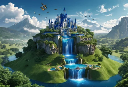 A magic castle built on an island that is floating in the sky, many parts made of beautiful deep blue crystal, a waterfall flows from the floating island in the sky down to the ground, dragons flying in the background, a green and pleasant landscape, gentle hills and farm land, photorealistic, high quality, high detail