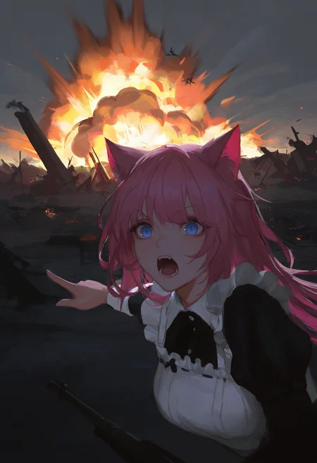 masterpiece, best quality, good quality, very aesthetic, absurdres, newest, 1girl, battlefield,  gun, explosion, scream,  maid outfit, cat ears, portrait, pointing forward, pink hair, 
 <lora:745cmSDXLvpred75S:0.4>