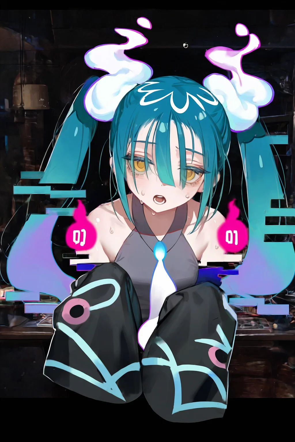 1girl, hatsune miku, ghost miku \(project voltage\), pokemon, project voltage, vocaloid, project voltage,
(zuizi:1.1), reoen, ali duo mu,
glitch, glitch censor, (artist:emyo:1.1), (artist:ciloranko:0.8264462809917354), (artist:ramanda:0.7513148009015777), (artist:chyoel:1.1), photo background, light rays, close-up, (sweat:1.2), (steaming body:1.2), (shiny skin:1.2), (oiled:1.2), aqua hair, bare shoulders, black border, black sleeves, border, center-flap bangs, detached sleeves, ghost pose, gradient hair, grey shirt, hair between eyes, hair ornament, long hair, looking at viewer, multicolored hair, necktie, open mouth, outside border, sanpaku, shirt, sleeveless, sleeveless shirt, sleeves past fingers, sleeves past wrists, solo, teeth, through medium, through screen, twintails, upper body, white necktie, will-o'-the-wisp \(mythology\), yellow eyes
best quality, highly detailed, huge filesize,
masterpiece, masterpiece, masterpiece, best quality, newest, highres, absurdres, sensitive