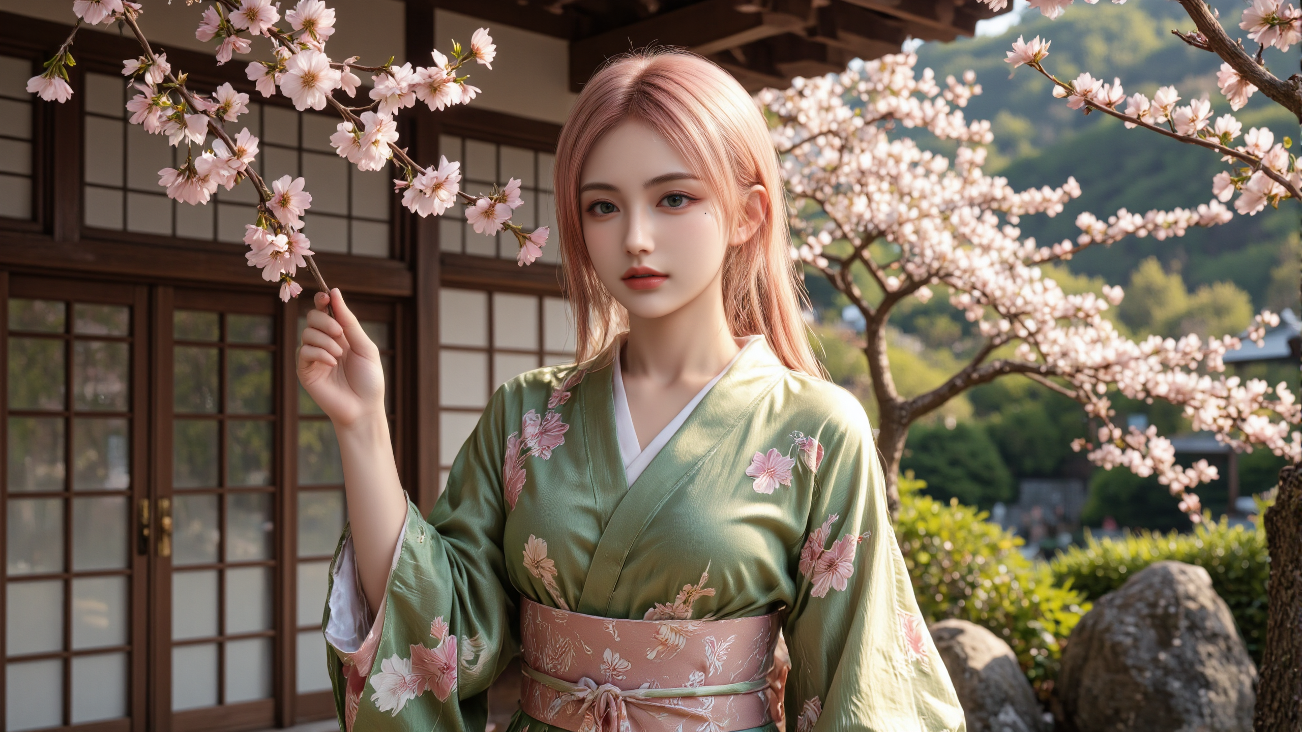 a serene Japanese garden scene with a 20-year-old young woman in a green kimono holding a cherry blossom branch,soft pink hair flowing gently,traditional Japanese house behind her,lush green hills and rocks in the background,early spring atmosphere,hyper-detailed and warm color palette,ultra-realistic cinematic style.,<lora:yuukananri-base-02-flux:0.8>,yuukananri,she has a slender physique and a petite build,<lora:aidmaMJ6.1v0.4:0.6>,aidmaMJ6.1,