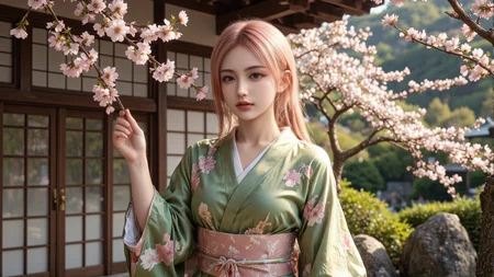 a serene Japanese garden scene with a 20-year-old young woman in a green kimono holding a cherry blossom branch,soft pink hair flowing gently,traditional Japanese house behind her,lush green hills and rocks in the background,early spring atmosphere,hyper-detailed and warm color palette,ultra-realistic cinematic style.,<lora:yuukananri-base-02-flux:0.8>,yuukananri,she has a slender physique and a petite build,<lora:aidmaMJ6.1v0.4:0.6>,aidmaMJ6.1,