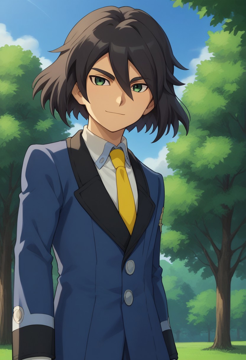 score_9, score_8_up, score_7_up, source_anime, highly detailed, 
haruki, 1boy, male focus, solo, black hair, hair between eyes, green eyes, school uniform, jacket, blue jacket, long sleeves, shirt, white shirt, collared shirt, necktie, yellow necktie, light smile
outdoor, sky, tree