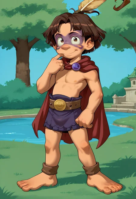 score_9, score_8_up, score_7_up, score_6_up, score_5_up, sorce_cartoon, source_hq,TakJuju, Male, Short stature, big green expressive eyes, medium brown hair in a short, somewhat messy style, pronounced nose, Minimalist outfit, purple loincloth, brown belt, bare chest, Large feather attached to hair, tribal-style face paint around the eyes,CuteCartoonStyle, full body, full body shot,red cape, park, sitted, open legs, from bellow, feet focus