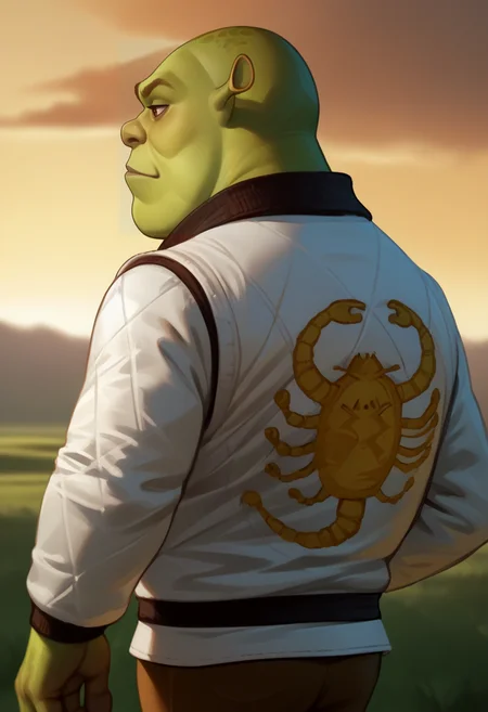 score_9, score_8_up, score_7_up, source_anime BREAK <lora:drivejacket-outfit-richy-v1_pdxl:1> print jacket, white jacket, from side, from behind, 1boy, solo, standing, <lora:Shrek_XLPD:0.8> shrek, green skin