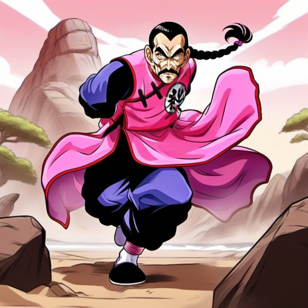 comic full body portrait 1boy, mustache, solo, single braid, black hair, pink and purple chinese clothes, facial hair, fighting stance, beach, jungle<lora:TaoPaiPai1024:0.8> . graphic illustration, comic art, graphic novel art, vibrant, highly detailed