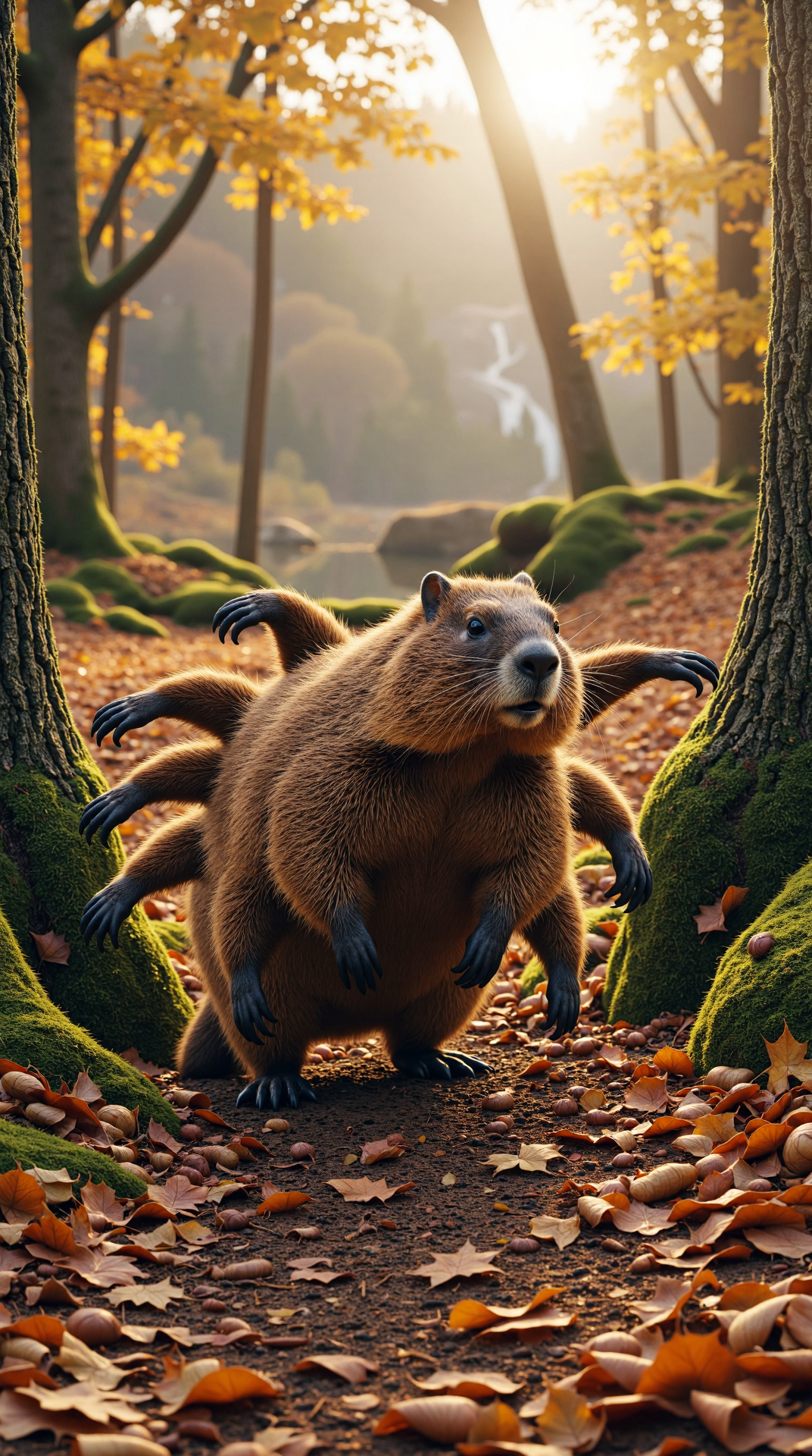 A realistic photo of A lumbering groundhog with manymany chunky limbs, emerges from a forest burrow amidst a blanket of fallen autumn leaves. Eight stout legs propel it across the landscape as it stretches, arching each limb in a fluid motion, as if it's awakening from a long winter's sleep. 
The groundhog's front left leg is bent, as if steadying itself against the gnarled trunk of an ancient oak, while its front right leg taps the ground in a staccato beat. Its hind legs are balanced in a wide stance, anchored firmly in the earth. 
The groundhog's manymany arms are splayed out around it, each one reaching out to claim a different attribute of its surroundings: one arm wraps around a drooping branch heavy with ripening acorns, another clasps a weathered fencepost, while a third probes the damp soil with a twitching snout. 
In the background, the rocky outcroppings of a serene mountain lake glisten with dew, as morning sunlight casts a warm glow on the forest floor. 
The groundhog rises, smooths its manymany fur, and ambles purposefully towards the camera, as if to claim its place in the morning's golden light.
The image is photorealistic and has cinematic vibes. Beautiful atmospheric lighting. Professional photography. <lora:ManyMany:0.8>
