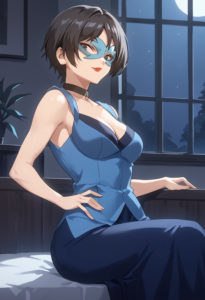 score_9, score_8_up, score_7_up,at room, indoor, moonlight,night view, richlady, black eyes,female, mask, black hair, red lips, collar, blue clothing, dress,sitting,smirk