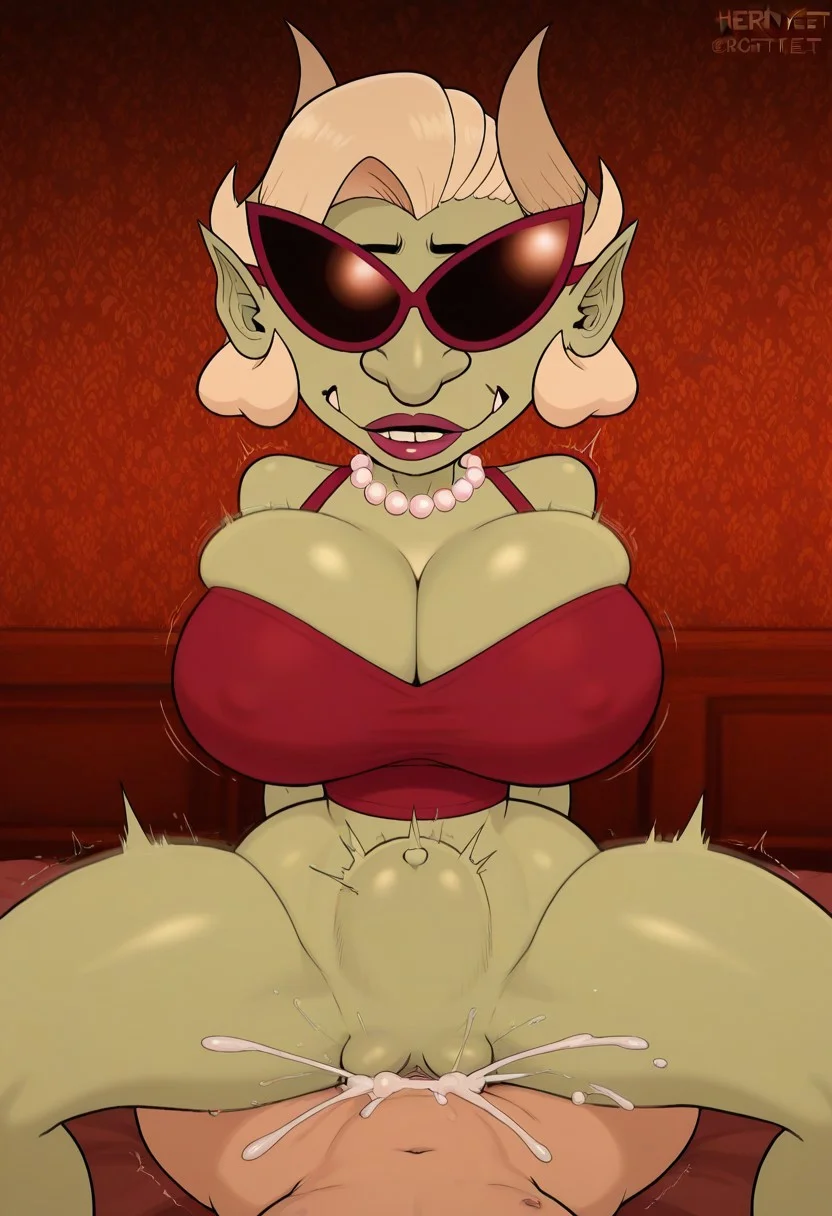 1girl, demon girl, sunglasses, jewelry, pearl necklace, horns, colored skin, cleavage,huge nose,
huge breasts,small waist.huge hips,looking at viewer,
1Boy,short boy,sex,vaginal sex,sex,vaginal penetration,,,horny,cum,cum overflow,clench theet,female orgasm,squirting,huge squirt,
stomach bulge,stomach bulge ends above the chest