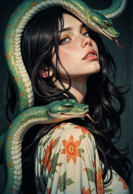 side view, head tilted, a highly detailed digital painting of a young woman with fair skin and freckles, featuring a strikingly realistic style. She has long, dark, wavy hair and expressive green eyes. Her lips are full and slightly parted, giving her a serene yet enigmatic expression. Surrounding her head are three large, green snakes with orange spots, their forked tongues extended as if they are about to taste the air. The snakes' scales are intricately detailed, adding texture to the image. The woman is wearing a light-colored, floral-patterned dress that contrasts with the dark, almost black background. The camera angle is a close-up, focusing on her face and the upper part of her body, with the snakes coiled around her head and shoulders. The lighting highlights her smooth skin and the glossy texture of the snakes' scales, creating a dramatic and slightly surreal atmosphere.