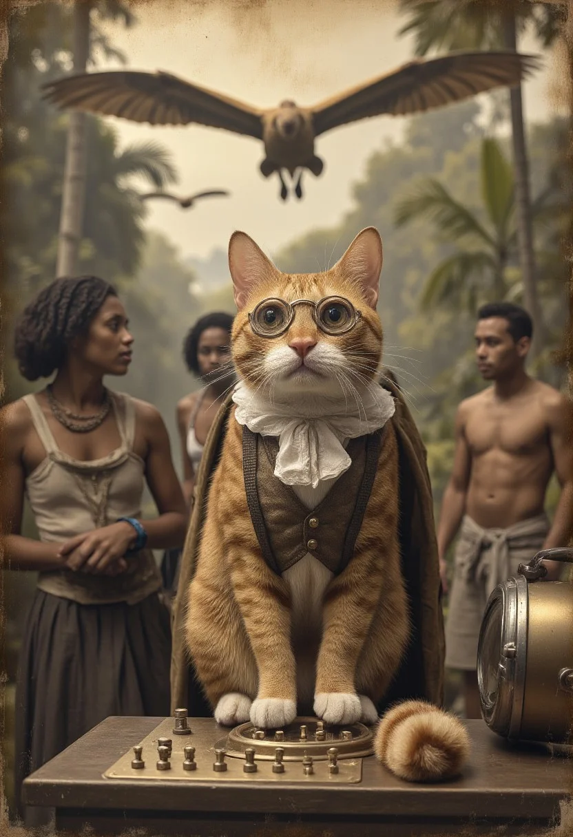 A sepia-toned photograph from 1889 showing a tabby ginger cat wearing a Victorian time traveler's outfit complete with brass goggles and waistcoat, standing beside its futuristic holographic control panel amid confused indigenous tribes in the Amazon rainforest, while pterodactyls soar overhead through a temporal rift,daguerreotype texture, vintage photo grain, period-accurate film artifacts, detailed Victorian costume, professional wildlife photography, jungle atmosphere, temporal distortion effects, centered composition, historical documentation style, lens scratches, aged paper texture,aidmaMJ6.1
