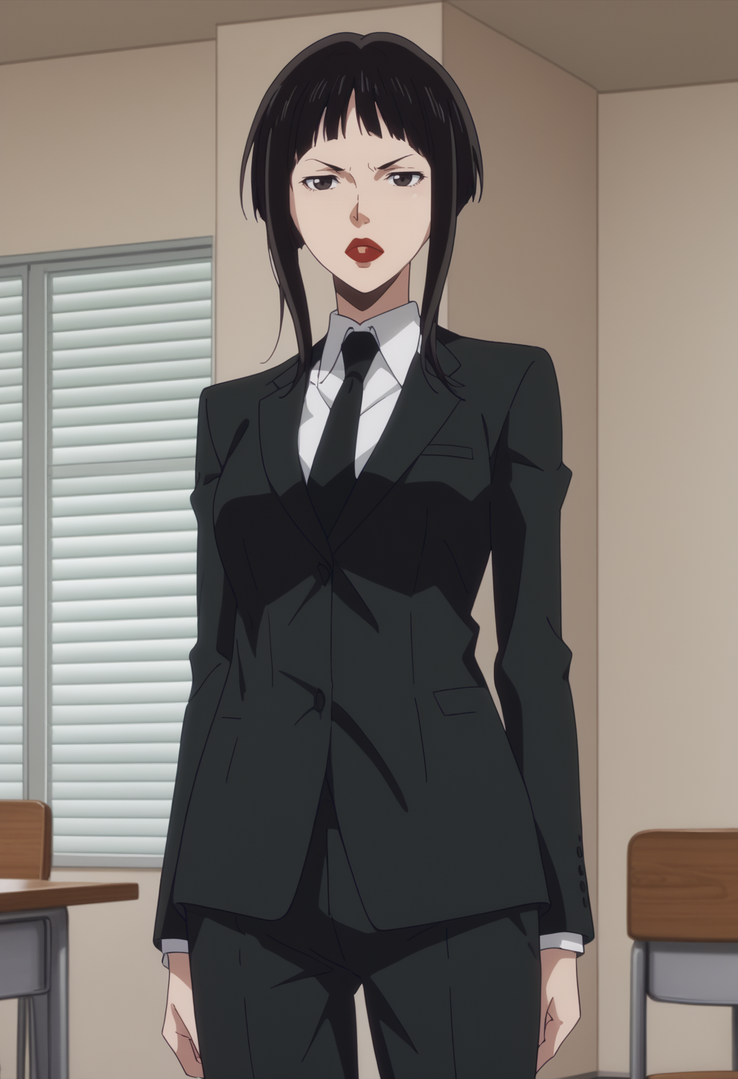 score_9, score_8_up, score_7_up, source_anime,  BREAK, 1girl, solo,  <lora:DX888AmamiyaChicory:1> amamiya, black hair, black eyes, short hair with long locks, lipstick, suit, formal,necktie, pants