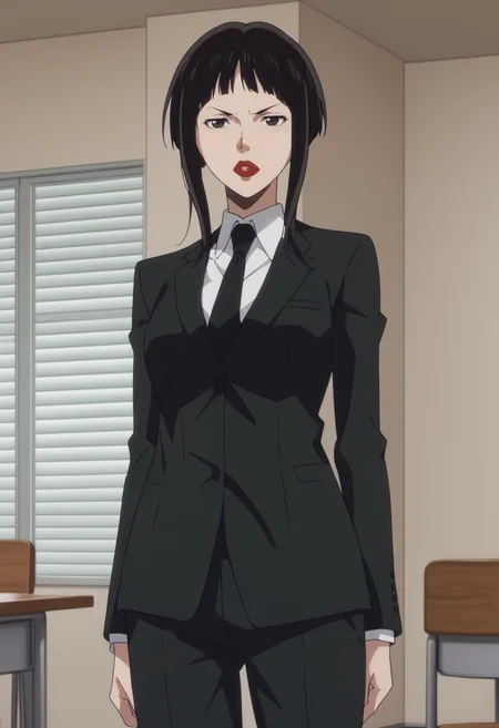 score_9, score_8_up, score_7_up, source_anime, BREAK, 1girl, solo, <lora:DX888AmamiyaChicory:1> amamiya, black hair, black eyes, short hair with long locks, lipstick, suit, formal,necktie, pants