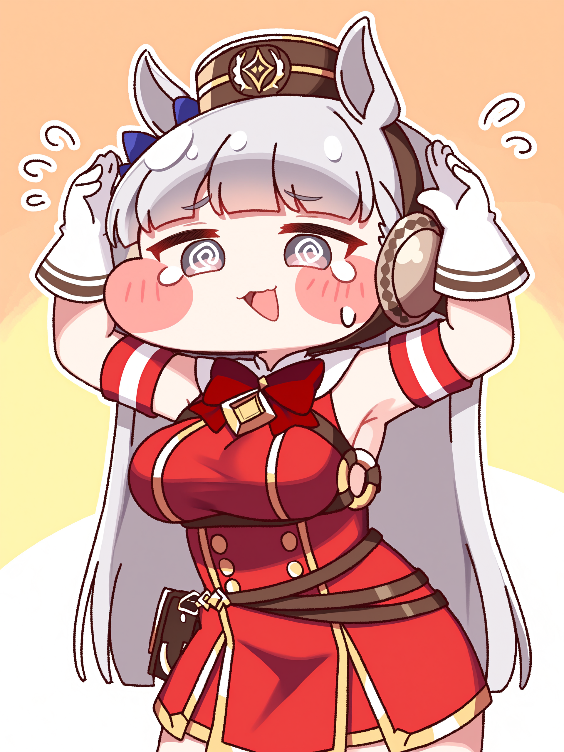 (trickcalcg, chibi:1.4), (blush stickers, blush), umamusume, gold ship \(umamusume\), 1girl, @ @, animal ears, arm strap, armpits, arms up, blue bow, blunt bangs, blush, bow, bowtie, breasts, dress, ear bow, gloves, grey eyes, grey hair, hat, horse ears, horse girl, large breasts, long hair, open mouth, pillbox hat, red bow, red bowtie, red dress, red hat, sleeveless, sleeveless dress, smile, solo, sweatdrop, teardrop, very long hair, white gloves, 
(masterpiece, best quality, absurdres, highres, newest:1.2), very awa, 